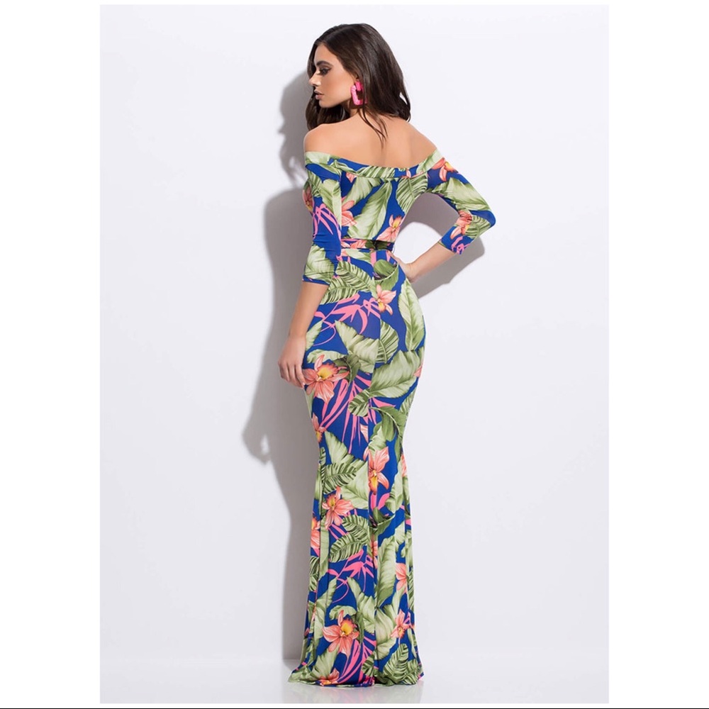 TROPICAL FLOWER OFF-SHOULDER MAXI DRESS - Picture 2 of 3
